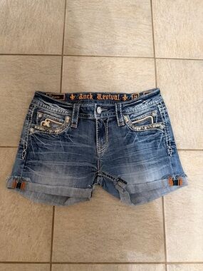 Rock Revival Blue Distressed Denim Shorts with Orange Trim Detail